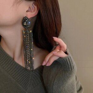3/$35 Vintage Shimmering Black Long Full Rhinestone Tassel Drop Earrings
